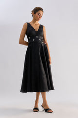 Black textured embellished brocade flayered dress