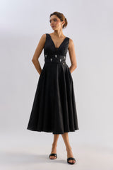 Black textured embellished brocade flayered dress