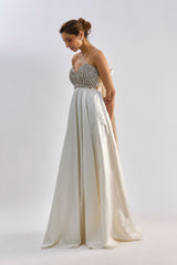 White brocade embellished gown with pockets