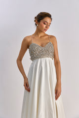 White brocade embellished gown with pockets