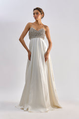 White brocade embellished gown with pockets