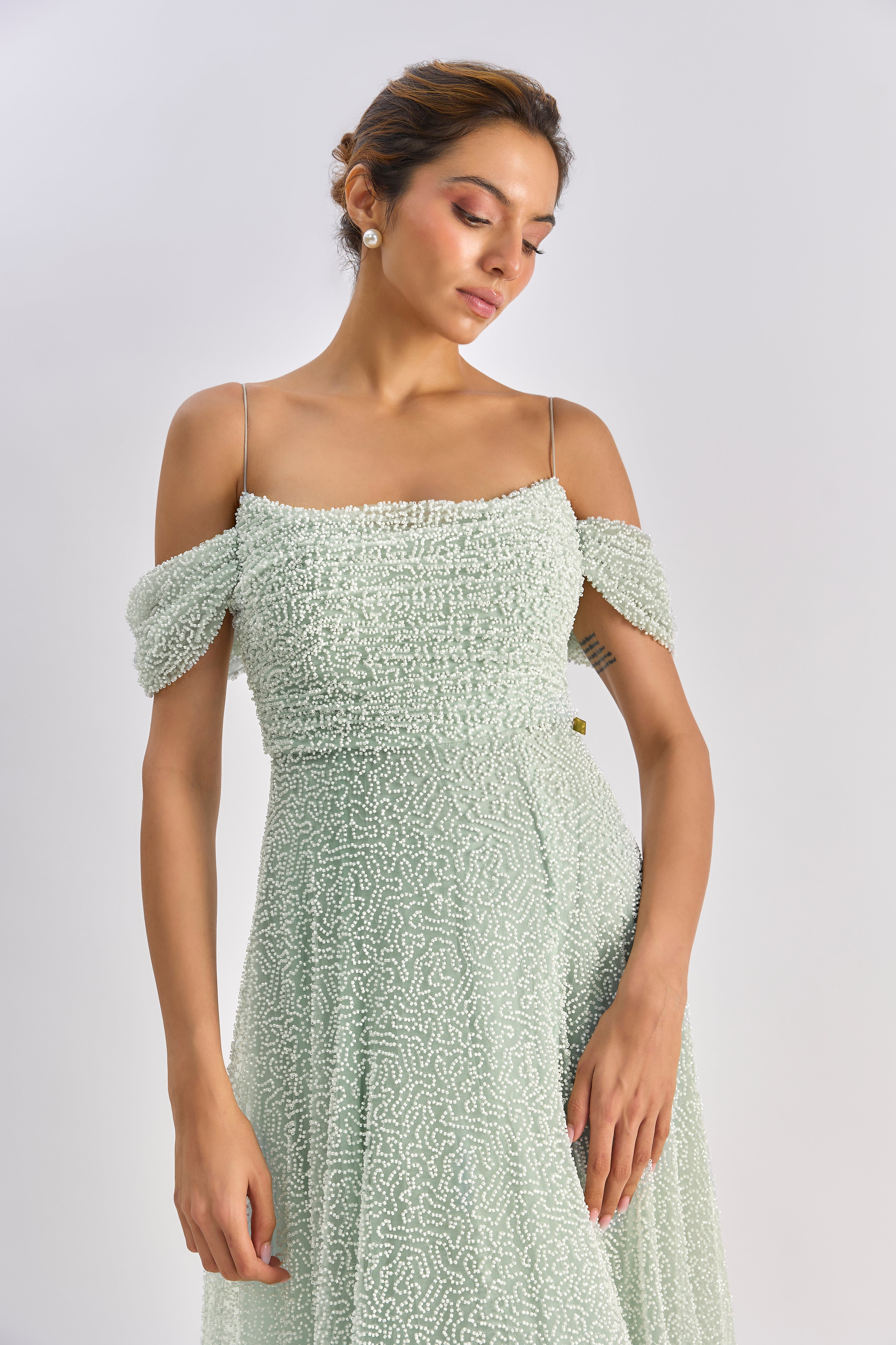 Mint tulle embellished roughed gown