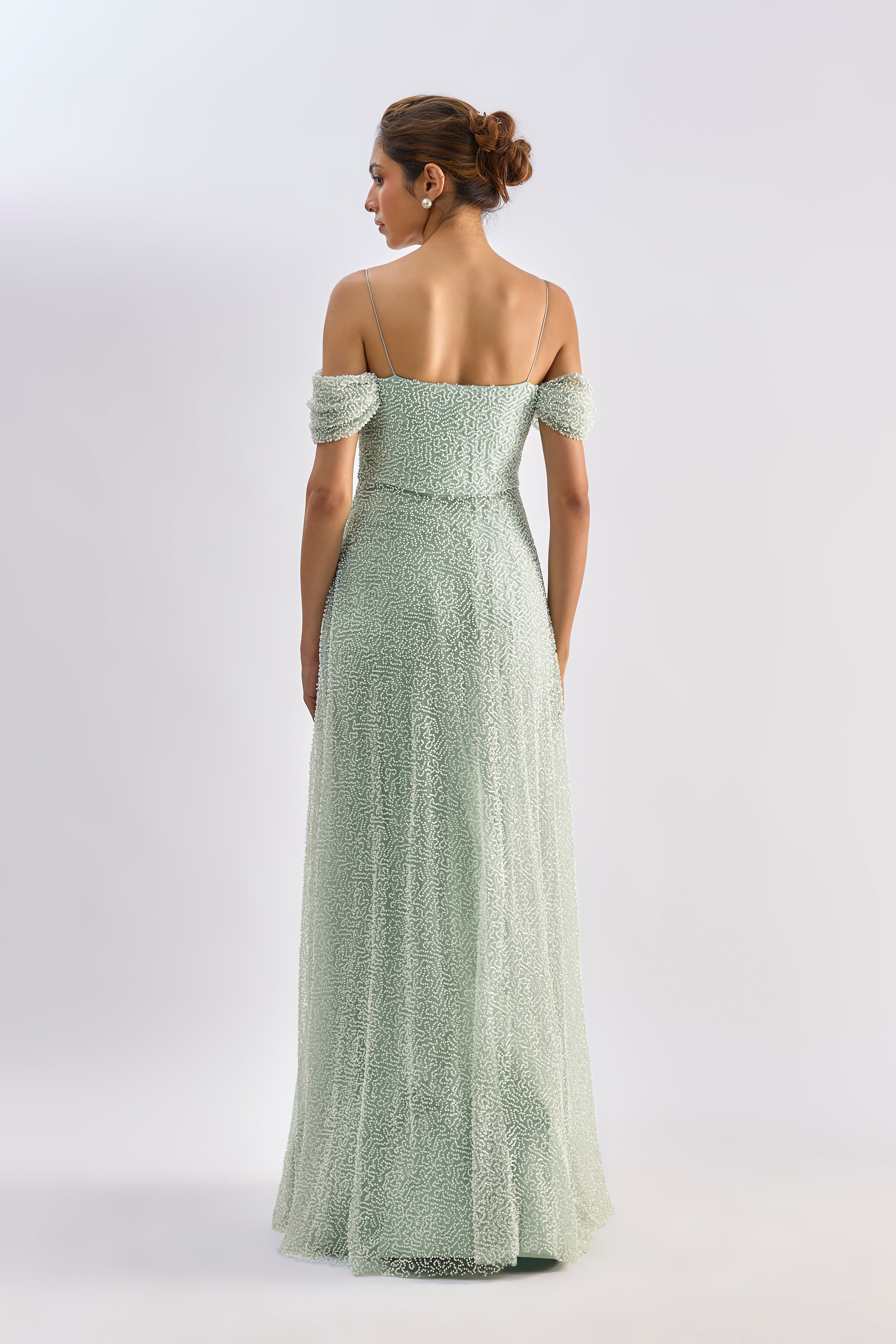 Mint tulle embellished roughed gown