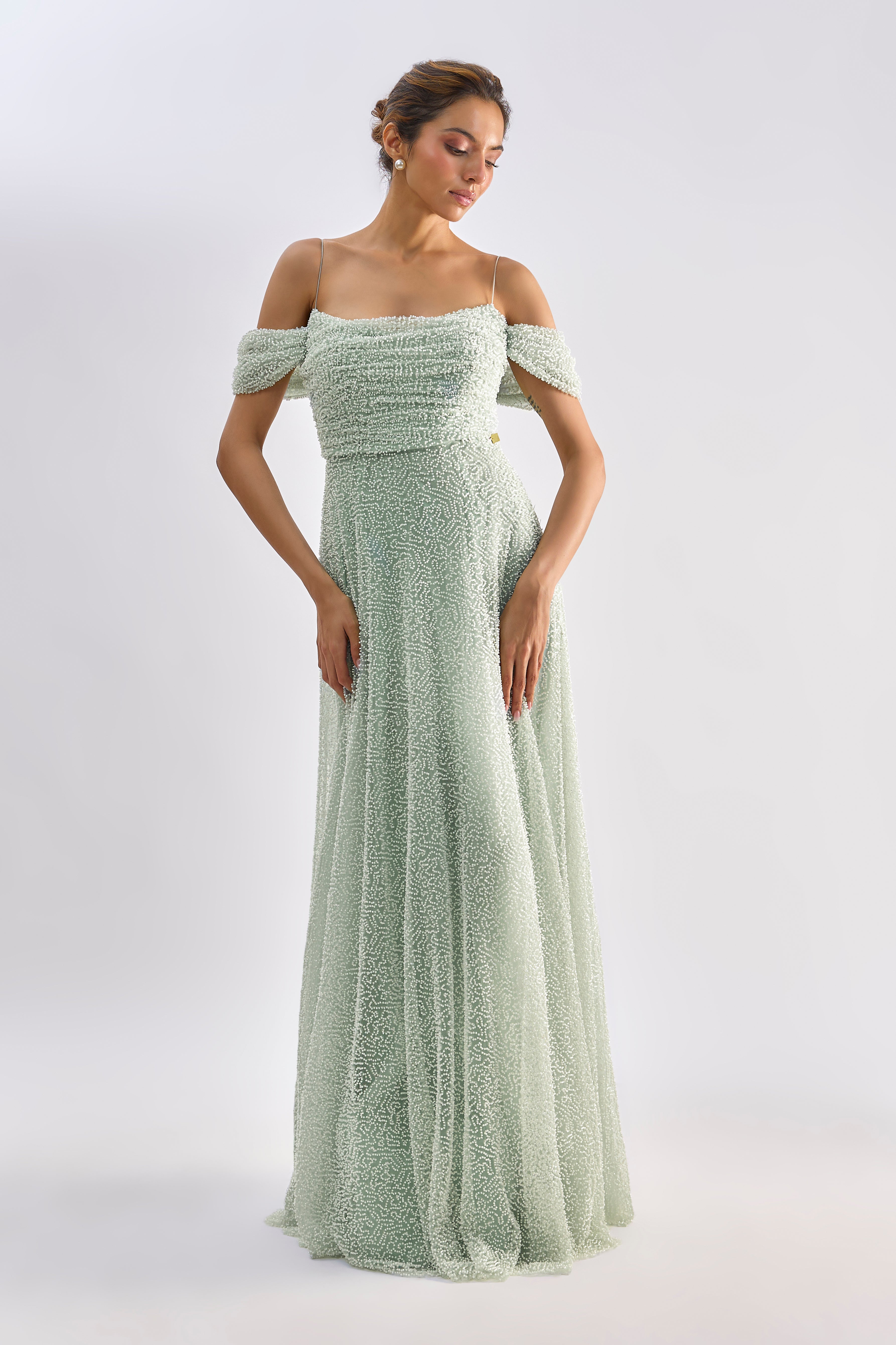 Mint tulle embellished roughed gown
