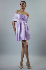 LILAC SATIN ROUCHED OFF-SHOULDER SHORT DRESS