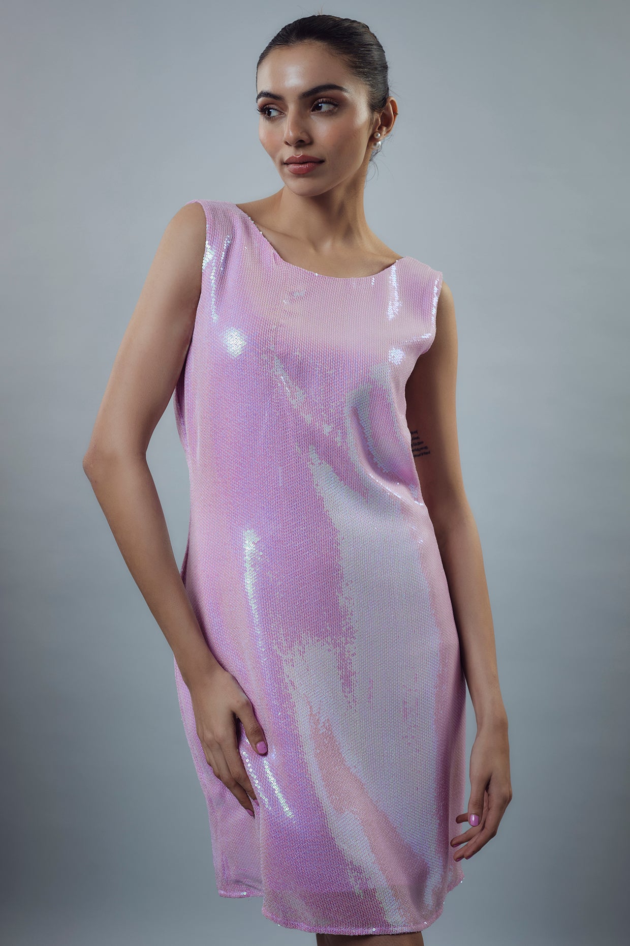 LILAC SEQUIN SHORT DRESS WITH DEEP BACK DETAILING