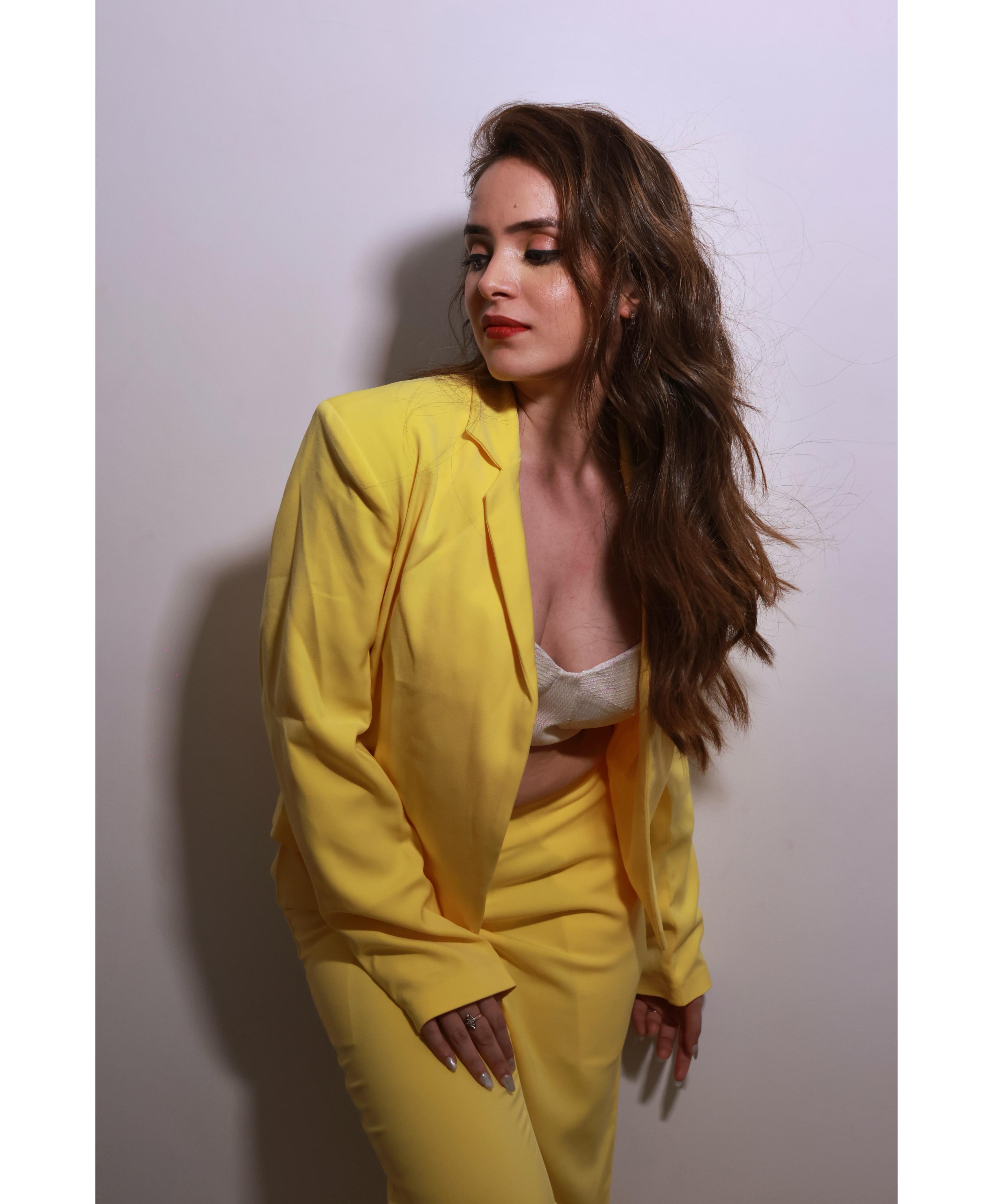 Yellow Crop Jacket And Pant With Bralette