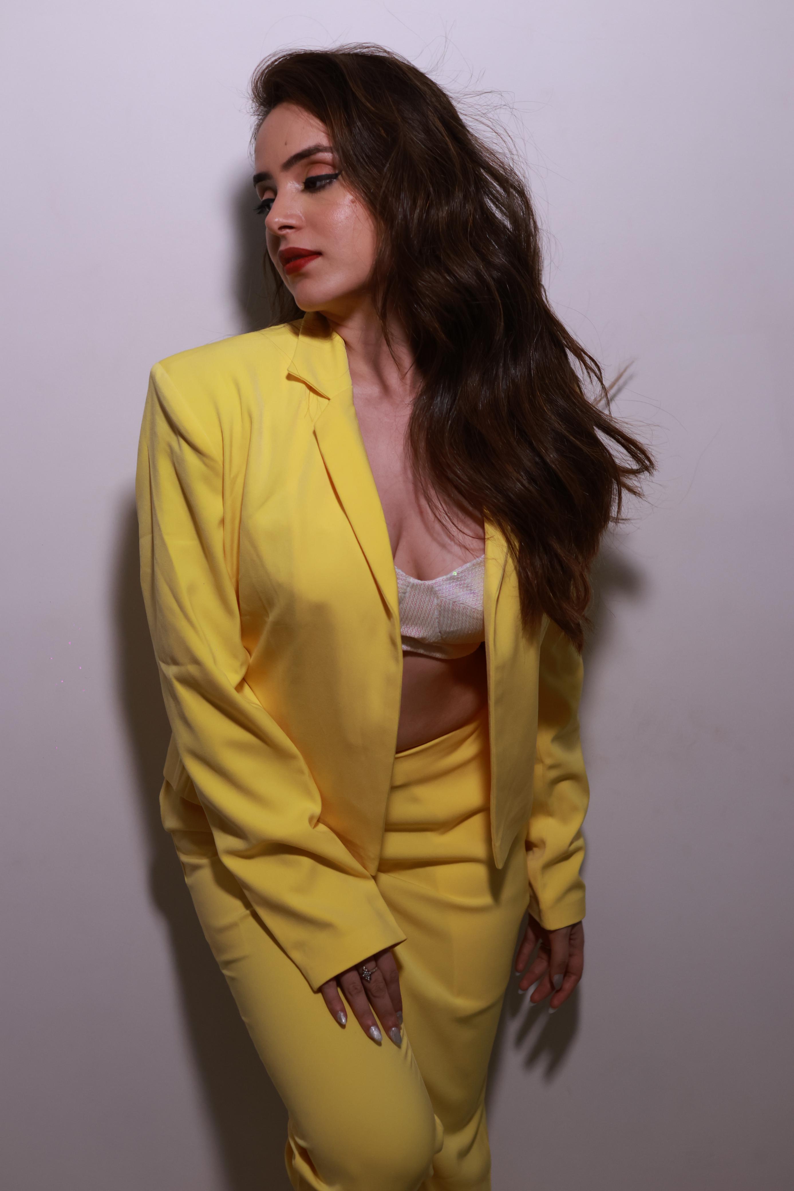 Yellow Crop Jacket And Pant With Bralette