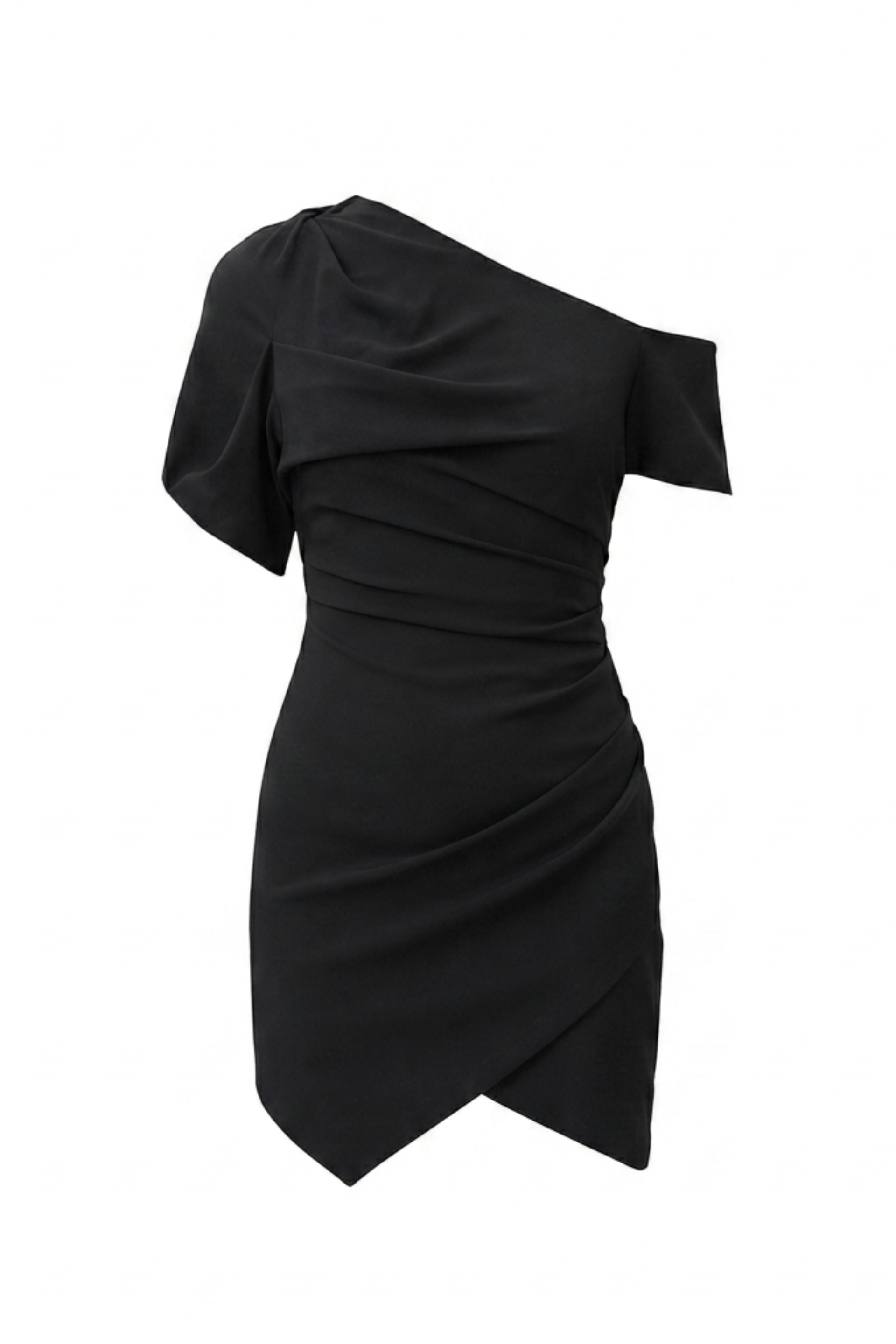 BLACK ONE SHOULDER DRAPE MINI DRESS