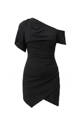 BLACK ONE SHOULDER DRAPE MINI DRESS