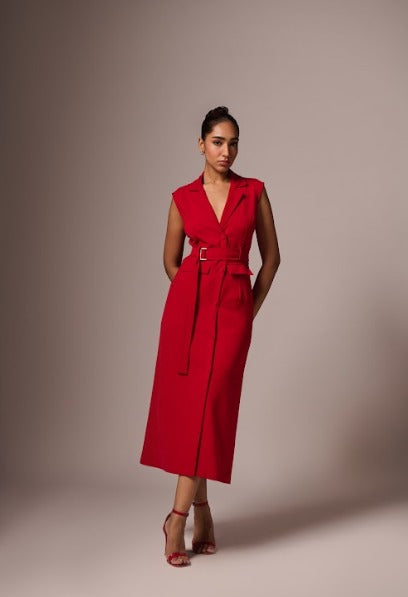 RED FORMAL LONG DRESS WITH BELT