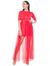 Red Fitted Dress with Waist Trail