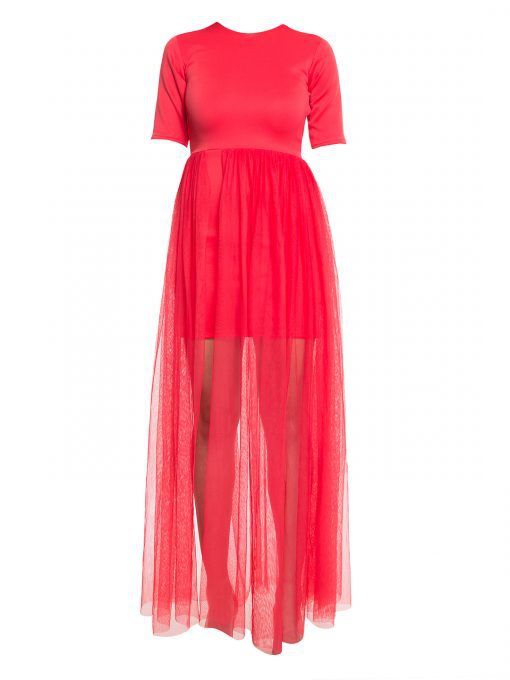 Red Fitted Dress with Waist Trail