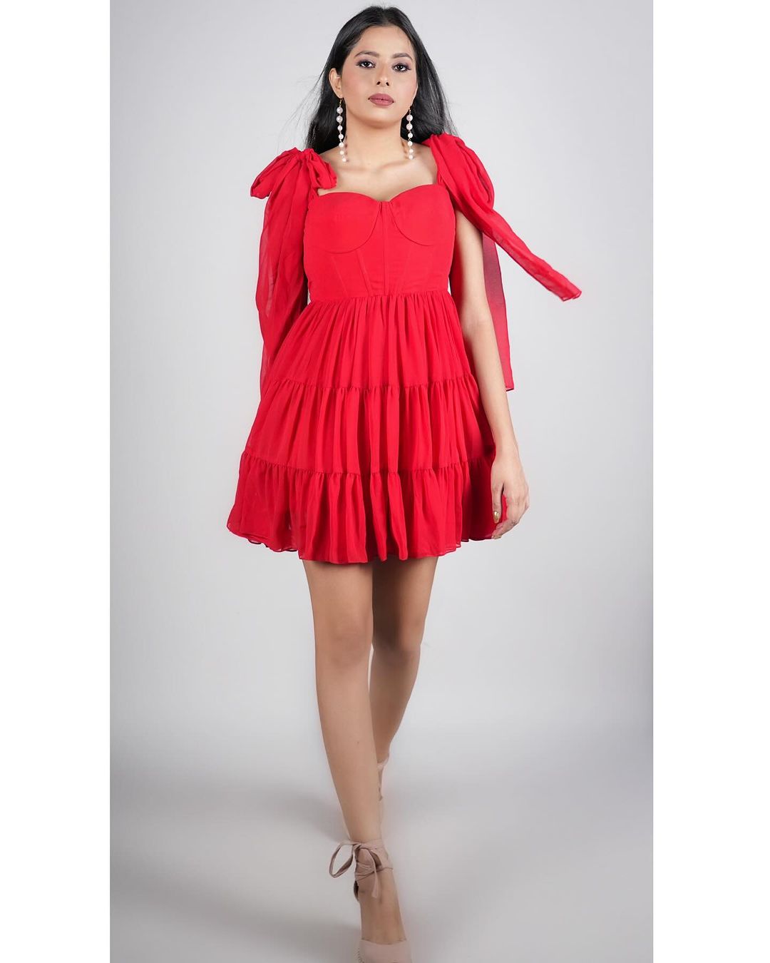 Red Shoulder Tie-up Corset Dress