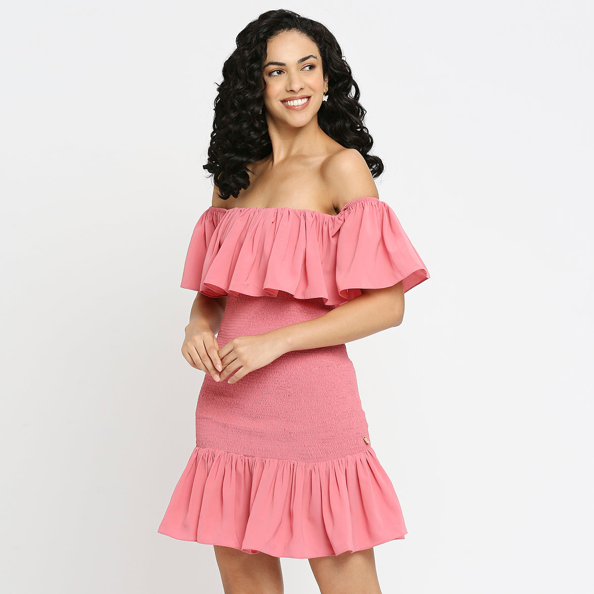 Pink Flap Offshoulder Ruched Ruffle Dress