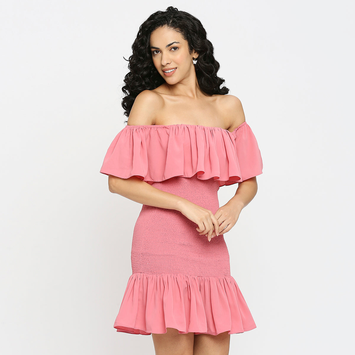 Pink Flap Offshoulder Ruched Ruffle Dress