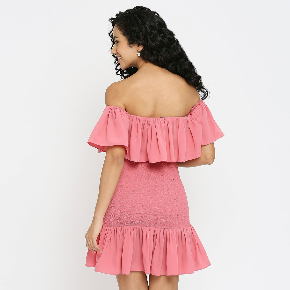 Pink Flap Offshoulder Ruched Ruffle Dress