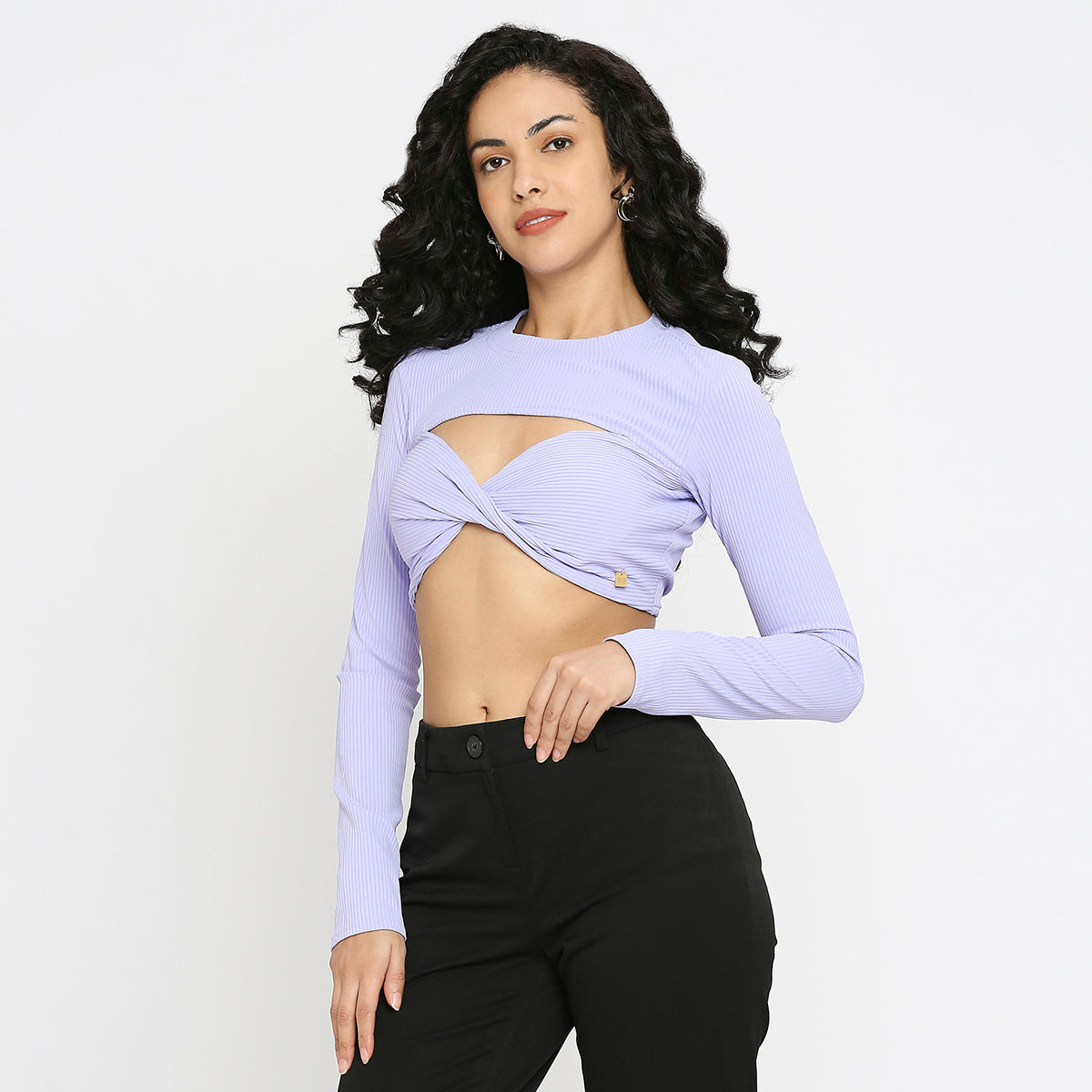 LILAC RIBBED FULL SLEEVE K CROP TOP