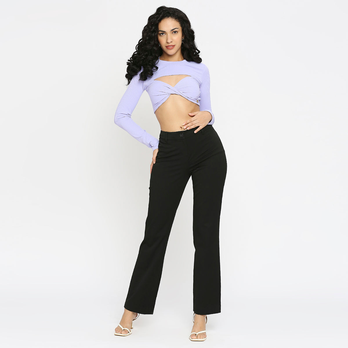 LILAC RIBBED FULL SLEEVE K CROP TOP