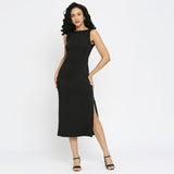 Black Ribbed Side Slit Dress