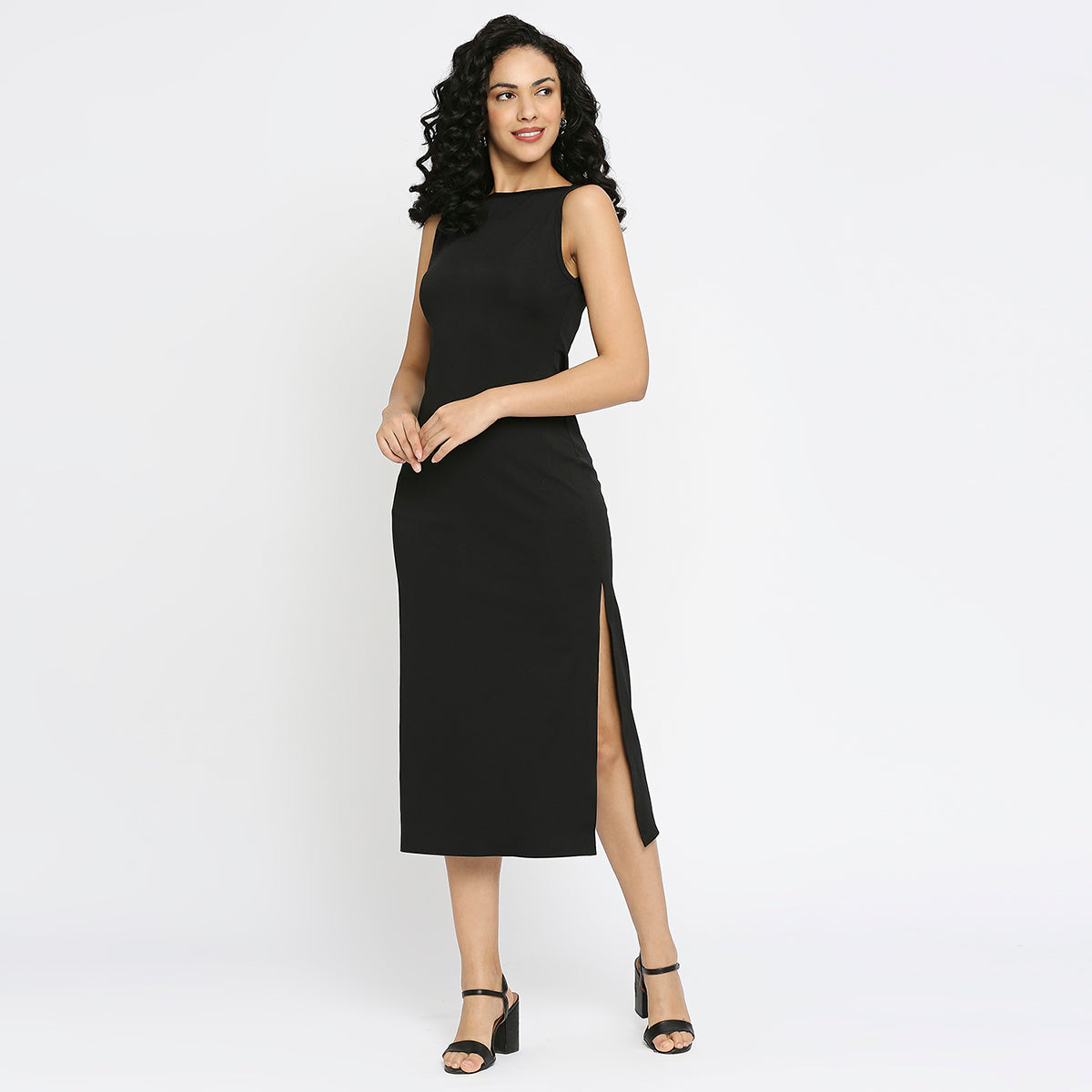 Black Ribbed Side Slit Dress