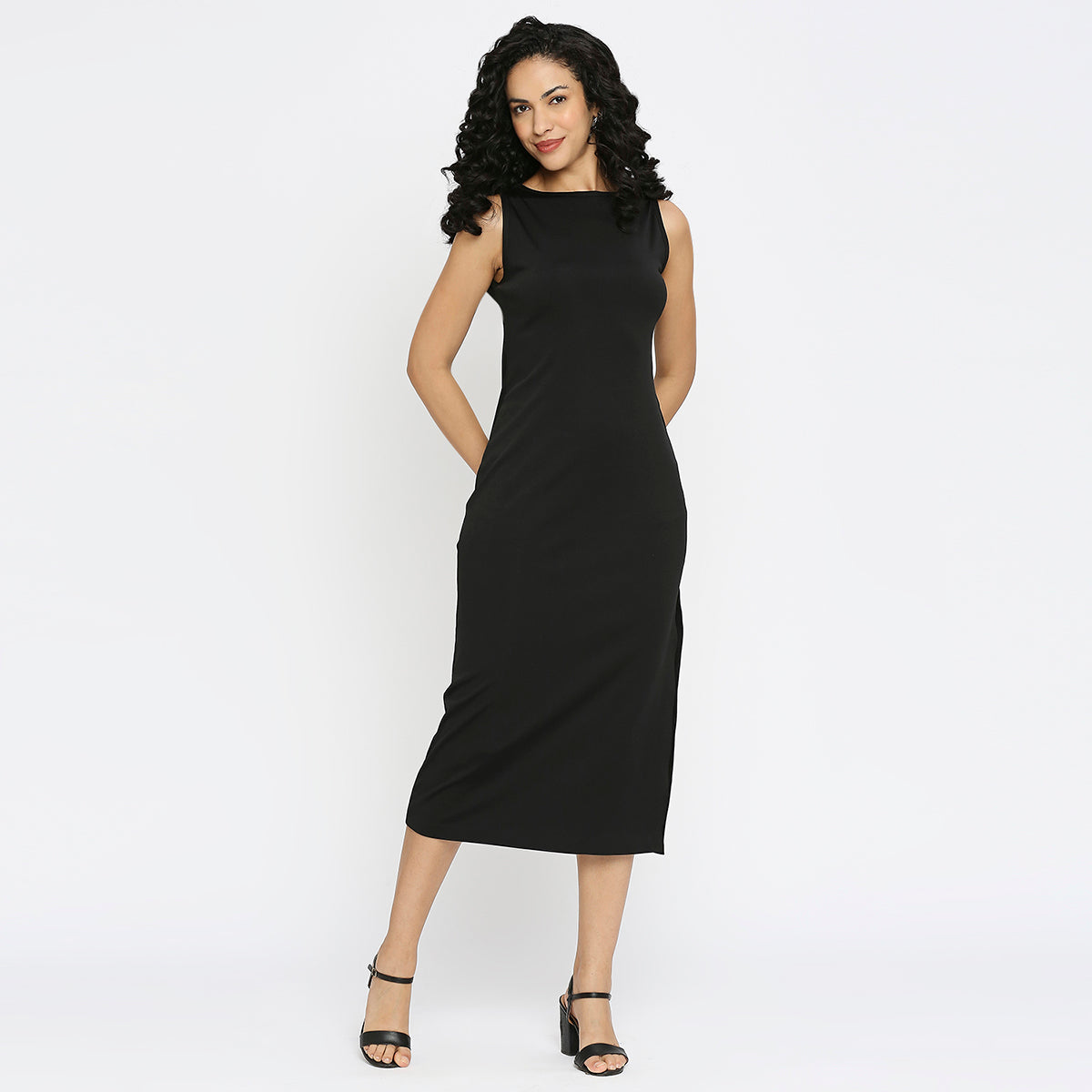 Black Ribbed Side Slit Dress