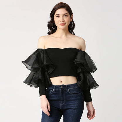BLACK FLOUNCE SLEEVE CROP TOP