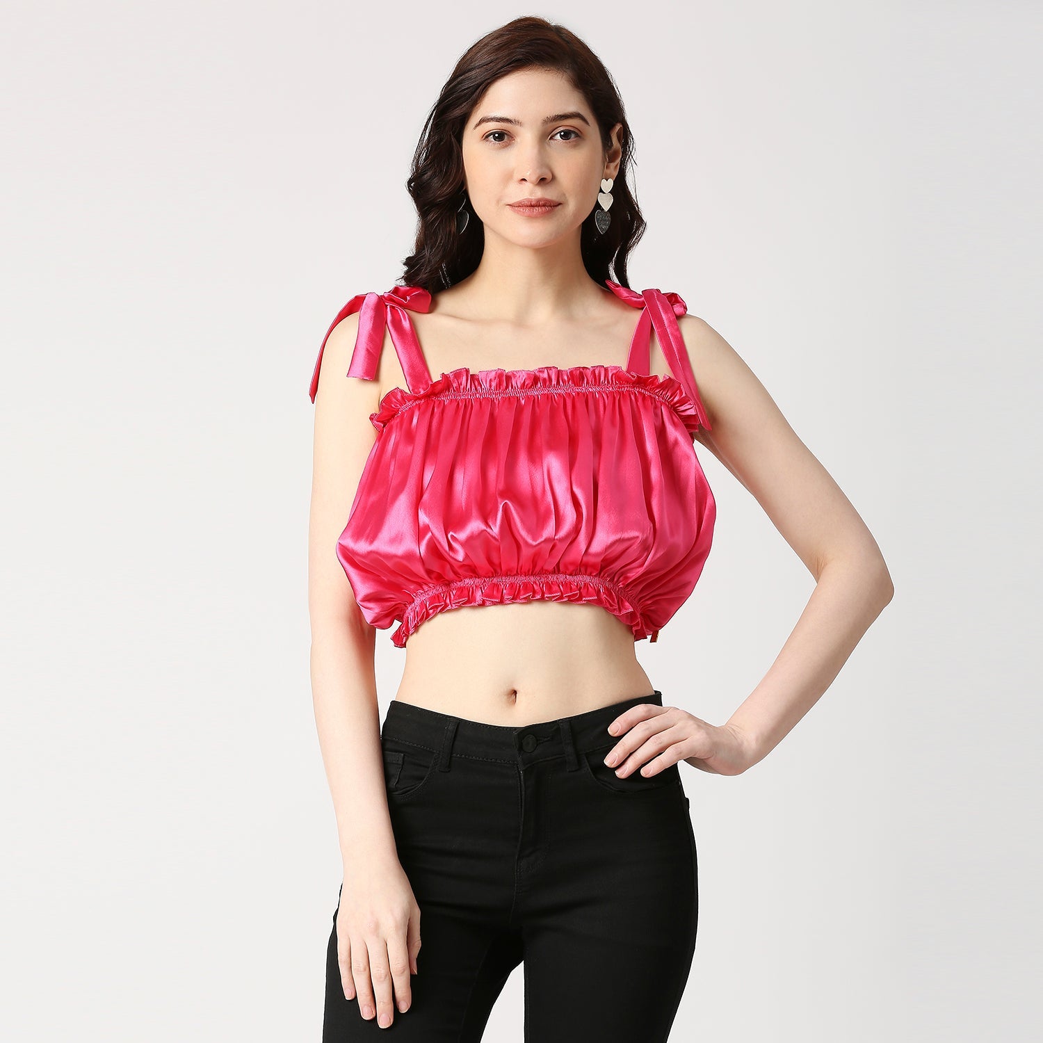 Gathered Crop Top With Shoulder Tie-Up