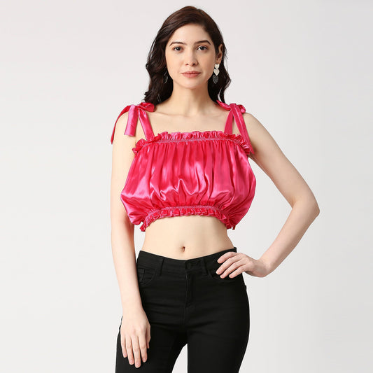 GATHERED CROP TOP WITH SHOULDER TIE-UP