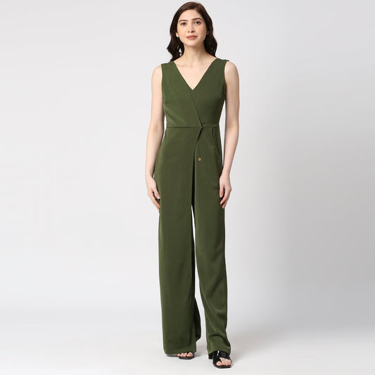 OLIVE JUMPSUITE WITH FRONT FLAP OVERLAP