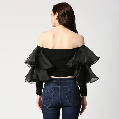 BLACK FLOUNCE SLEEVE CROP TOP