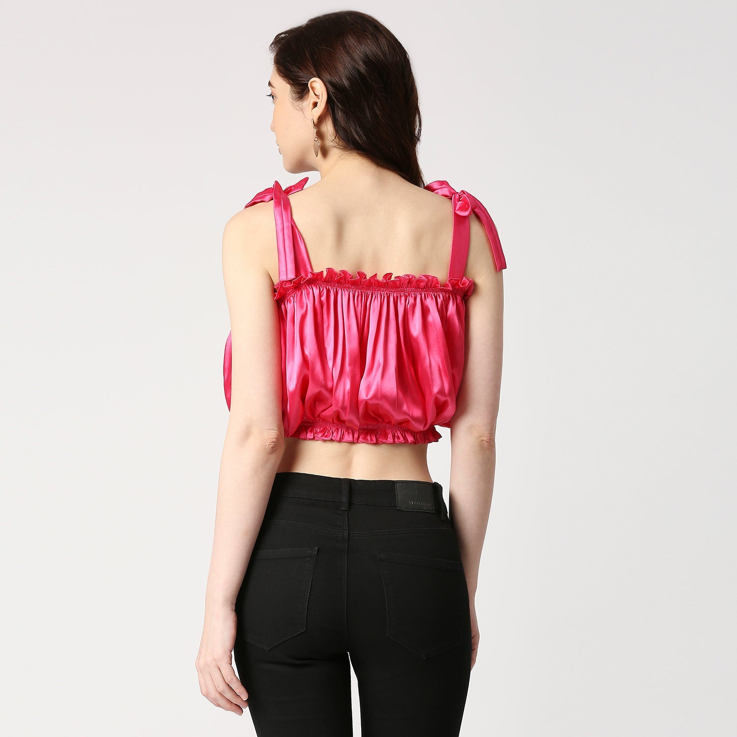 Gathered Crop Top With Shoulder Tie-Up