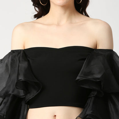 BLACK FLOUNCE SLEEVE CROP TOP