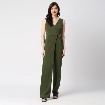 OLIVE JUMPSUITE WITH FRONT FLAP OVERLAP