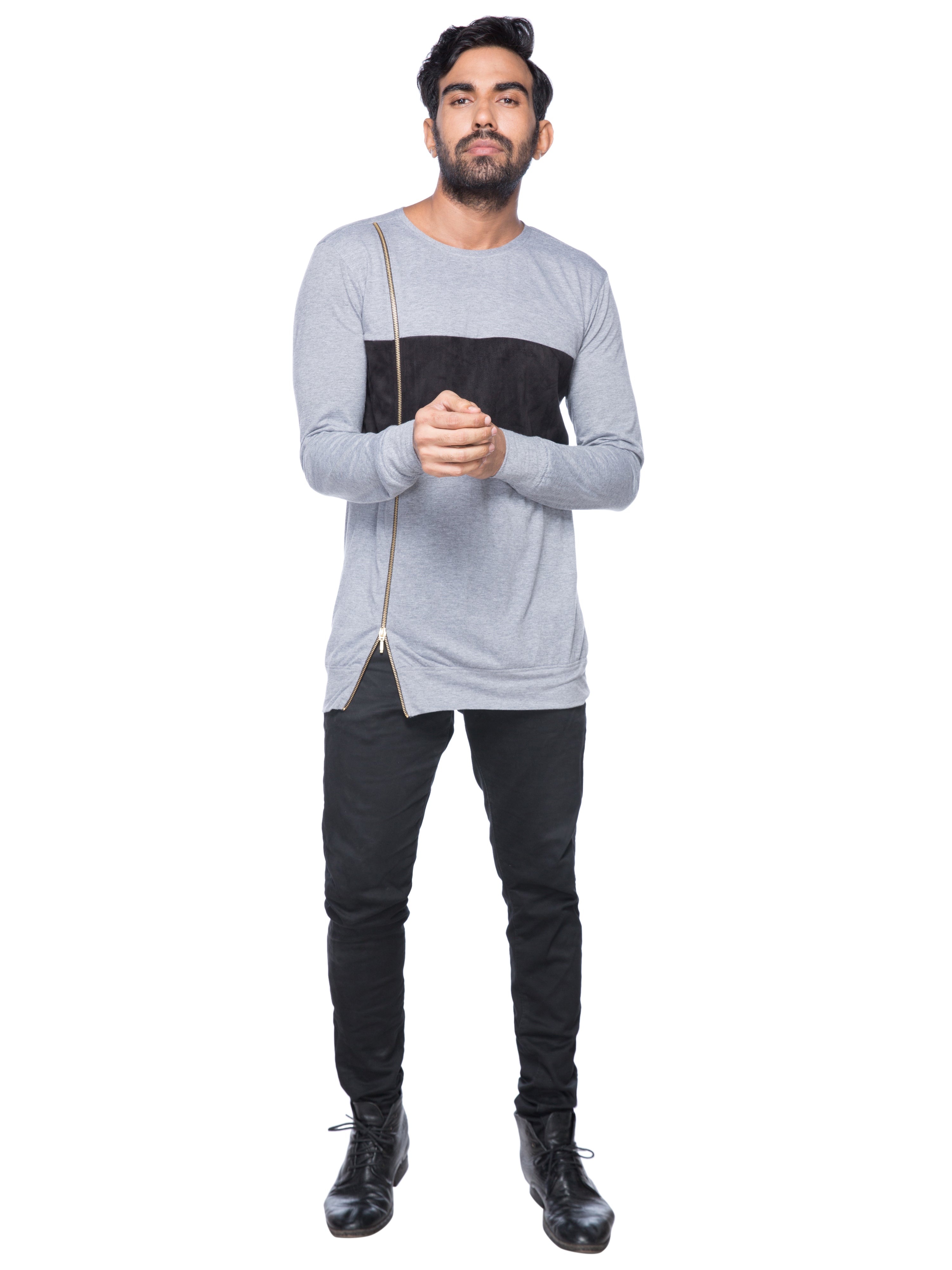 GREY AND BLACK SIDE ZIP T-SHIRT