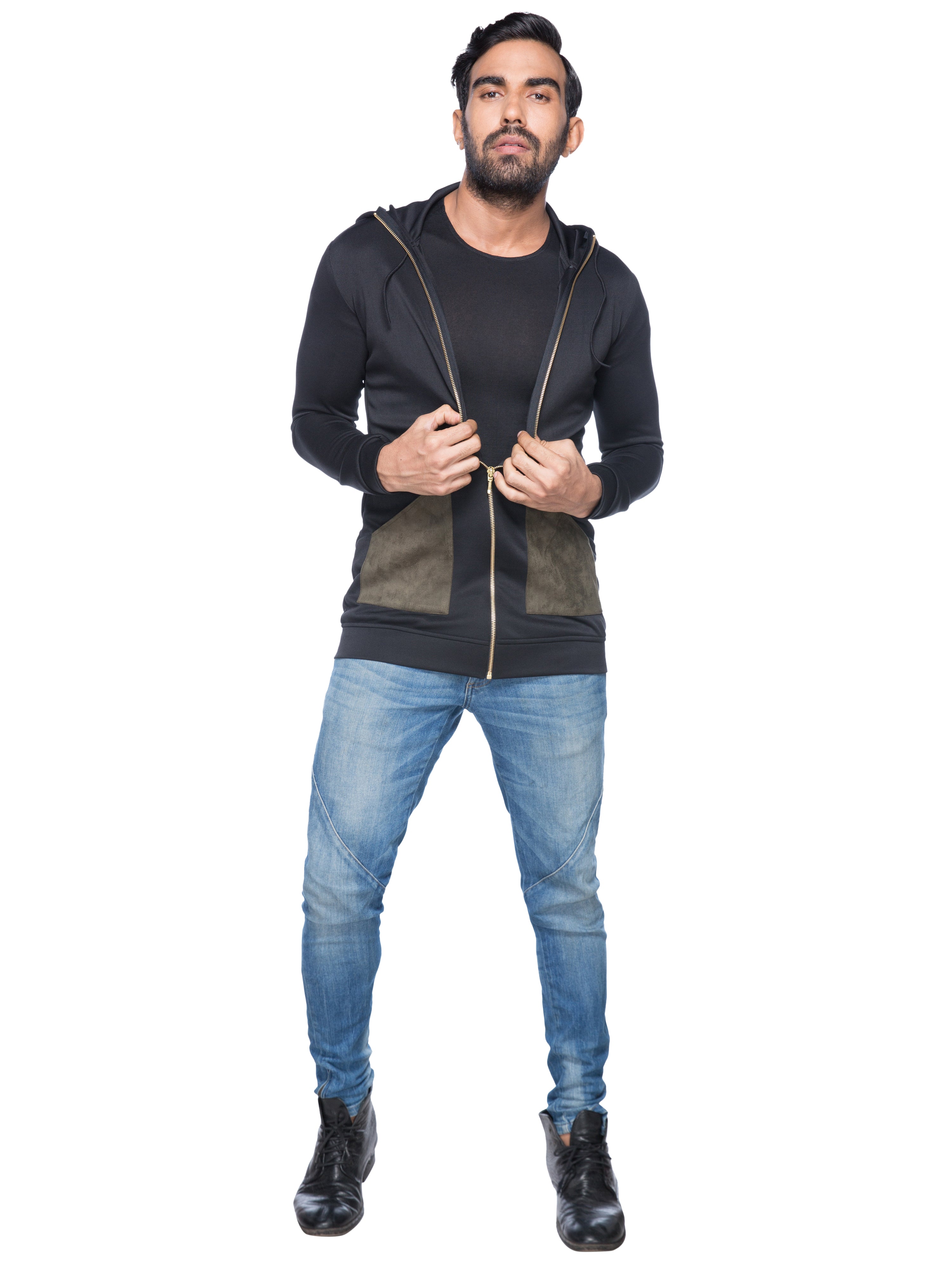 BLACK HOODIE JACKET AND T-SHIRT WITH CONTRAST POCKET