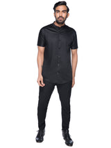 BLACK CHINESE COLLAR SHIRT WITH SHORT SLEEVES