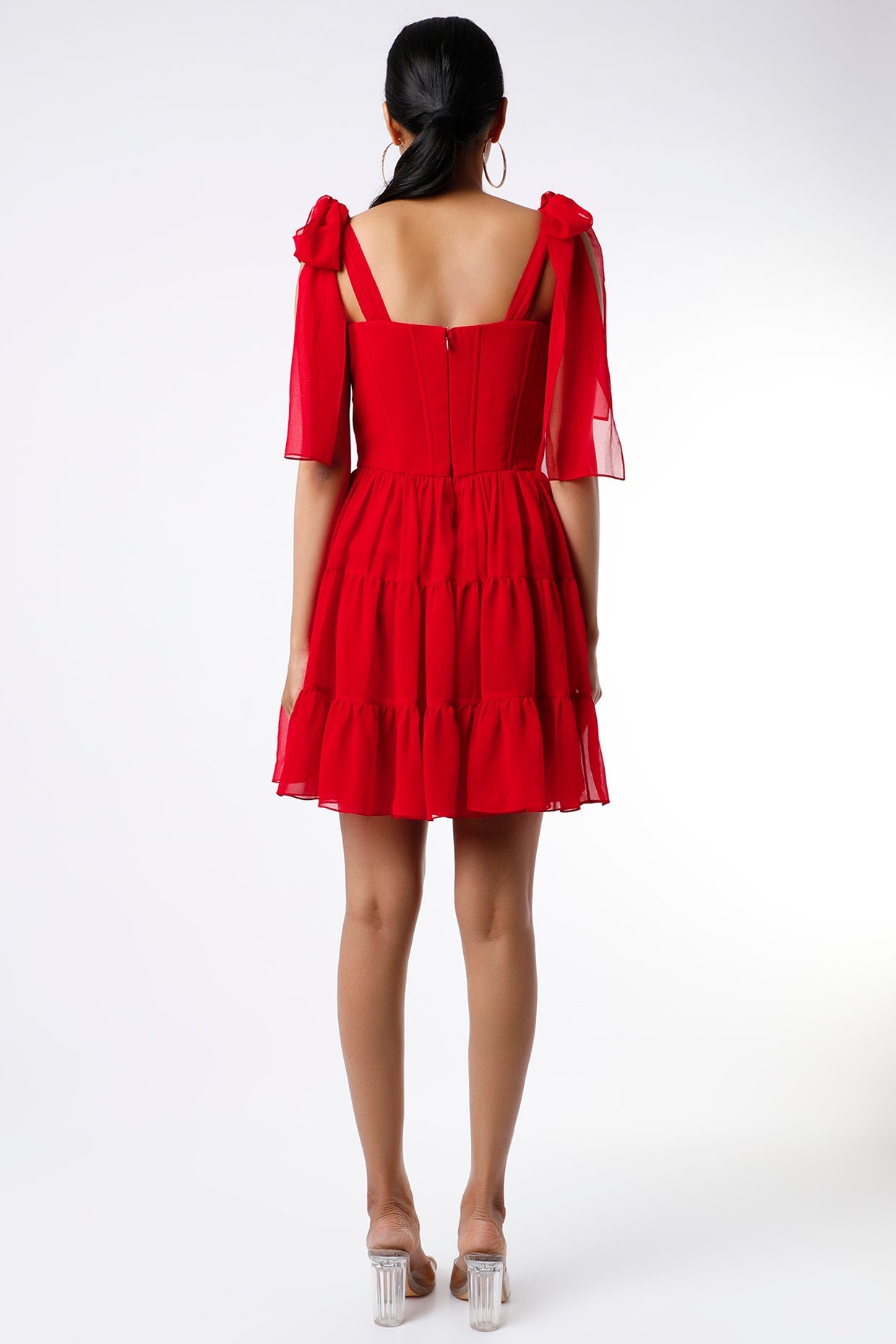 Red Corest Dress With Shoulder Tie-Up