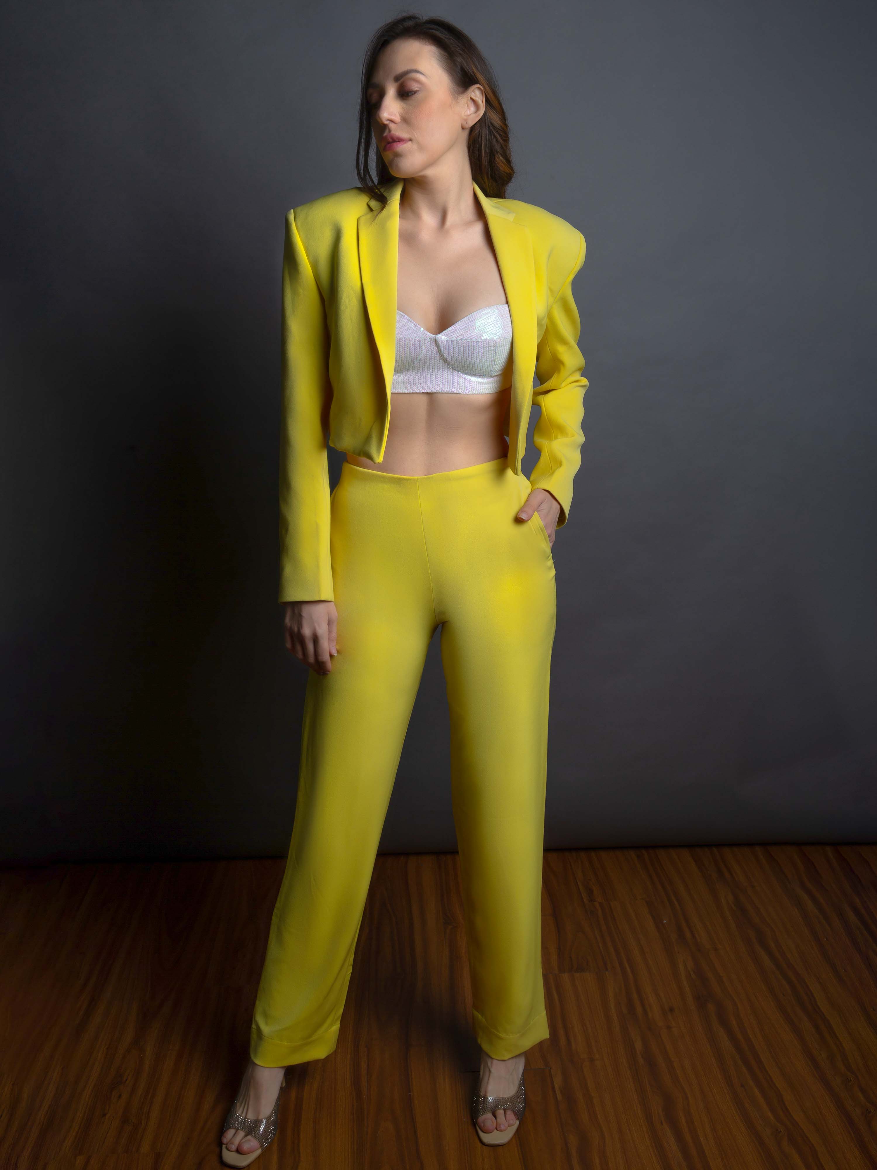 Yellow Crop Jacket And Pant With Bralette