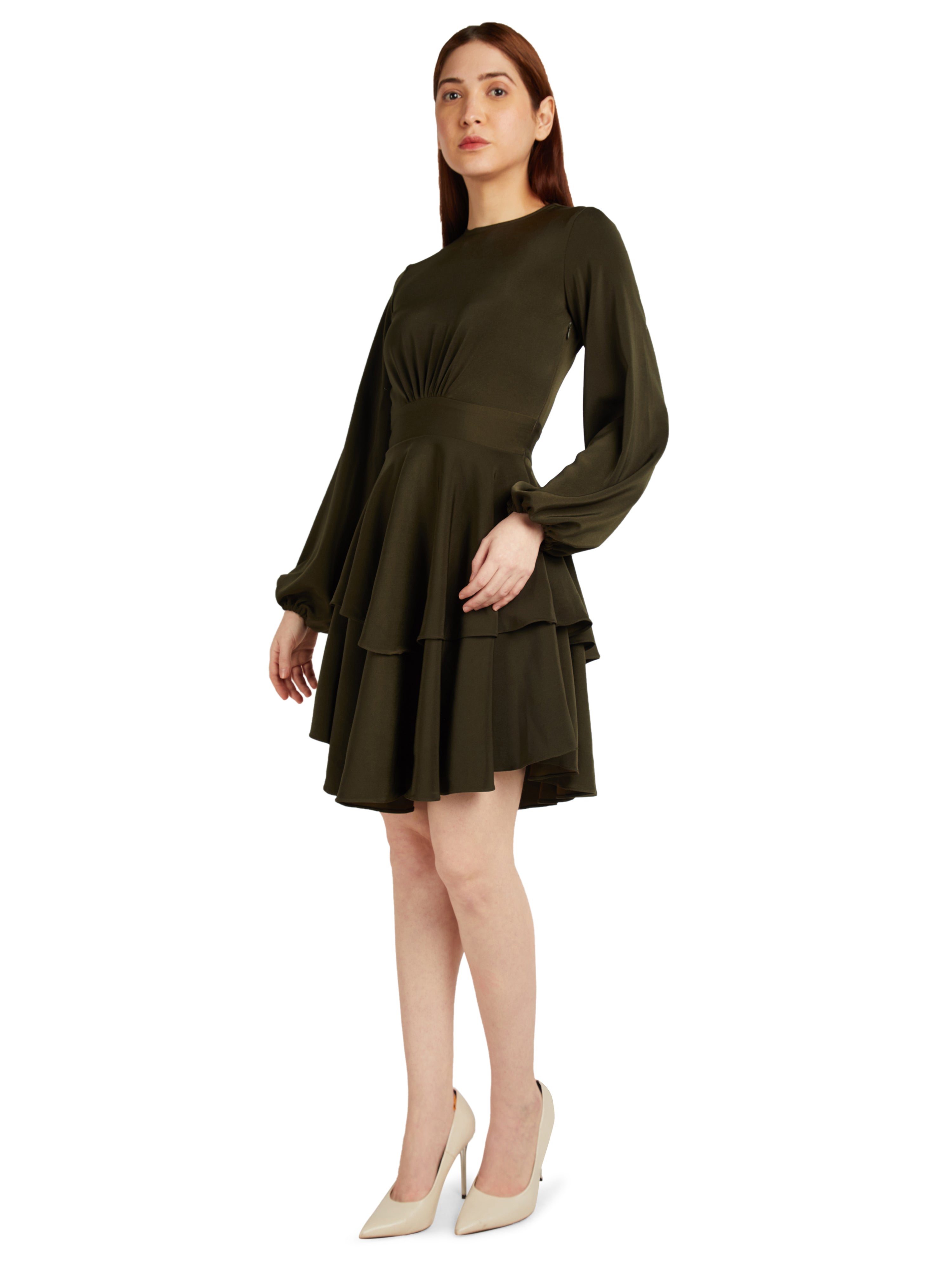 FULL SLEEVE FIT AND FLARE DRESS WITH LAYER DETAIL