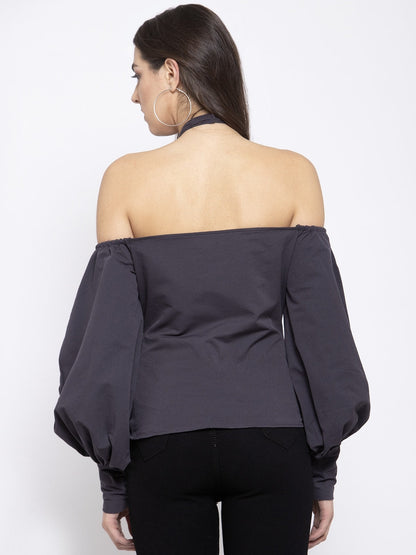 GREY HALTER NECK TOP