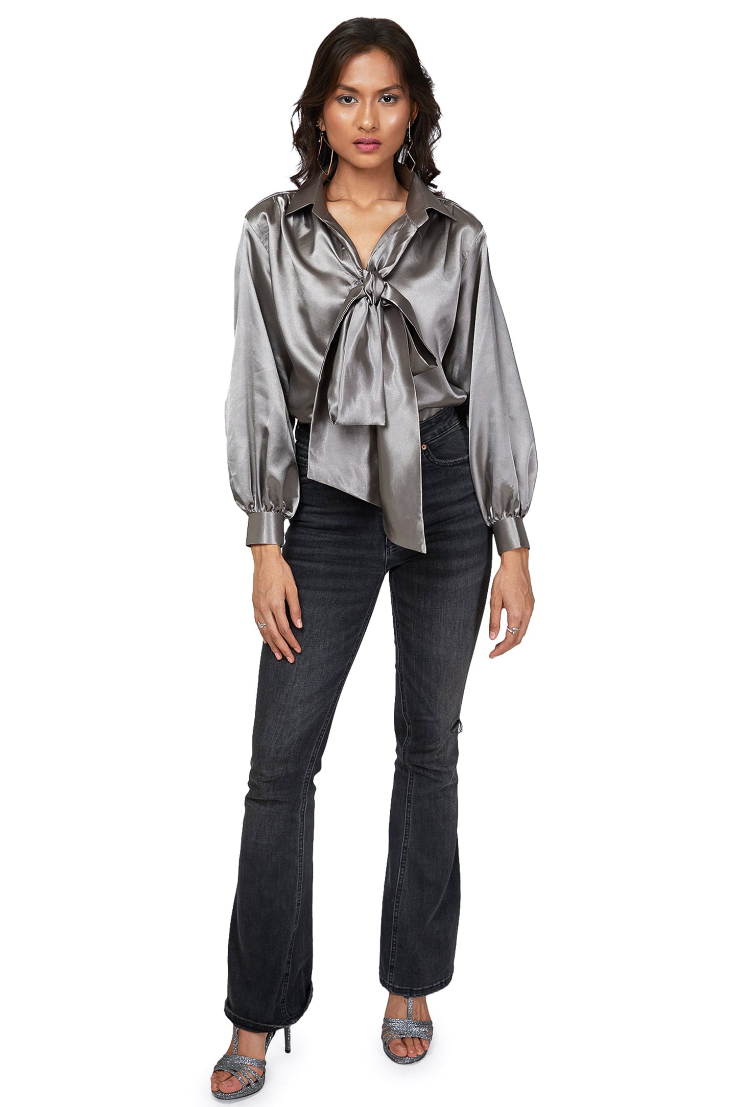 SILVER SATIN TOP WITH NECK TIE UP