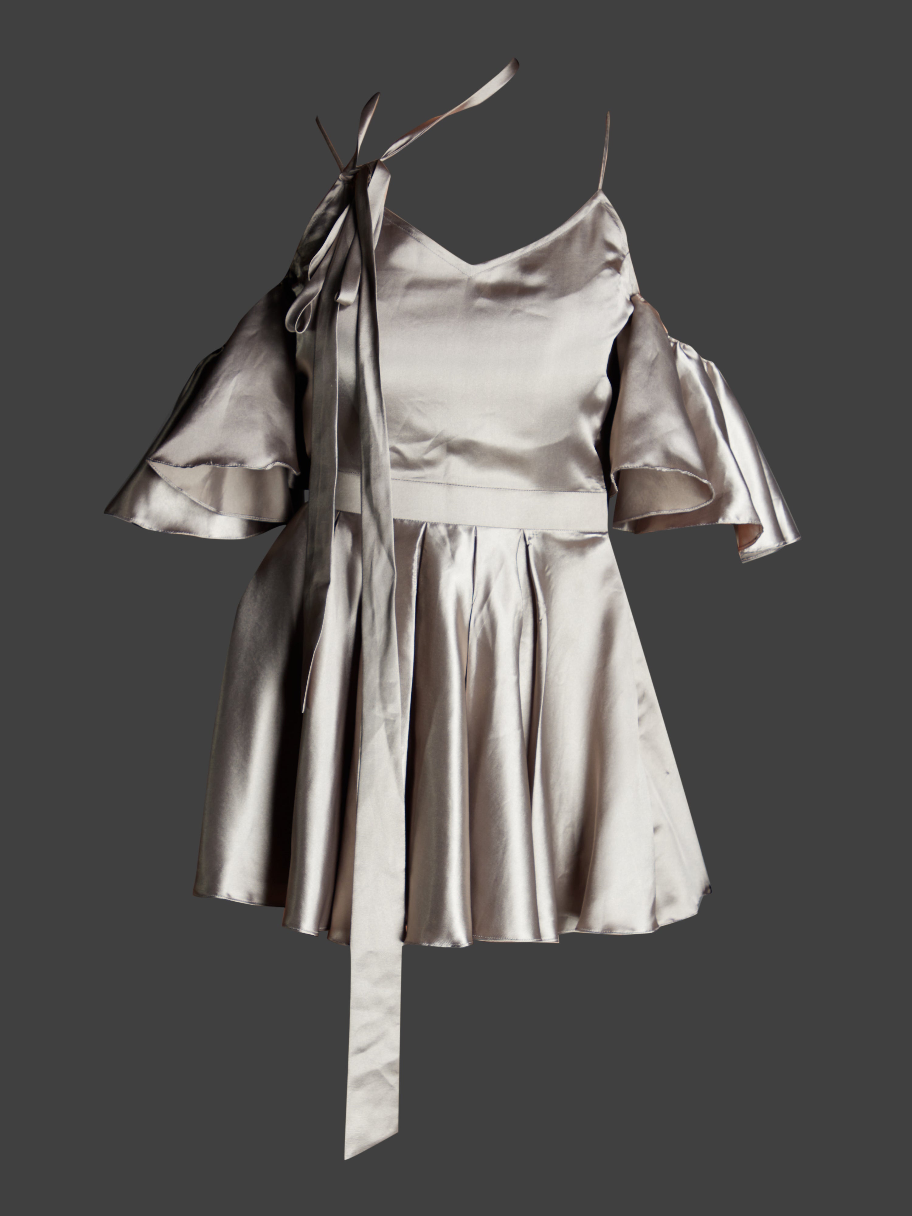 Short Cold Shoulder Silver Dress With Neck Tie Up
